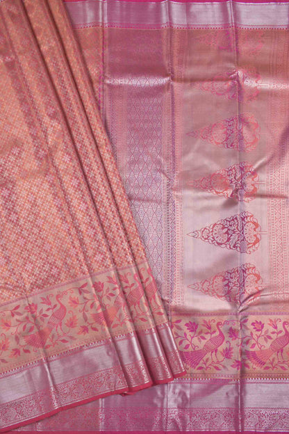 Golden Pink Semi Silk Intricate Florals Peacock Zari Border Fancy Pallu Saree