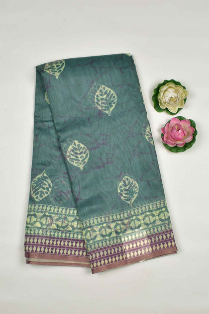Light Green Semi Chanderi Cotton Fall Leaves Digital Print Saree