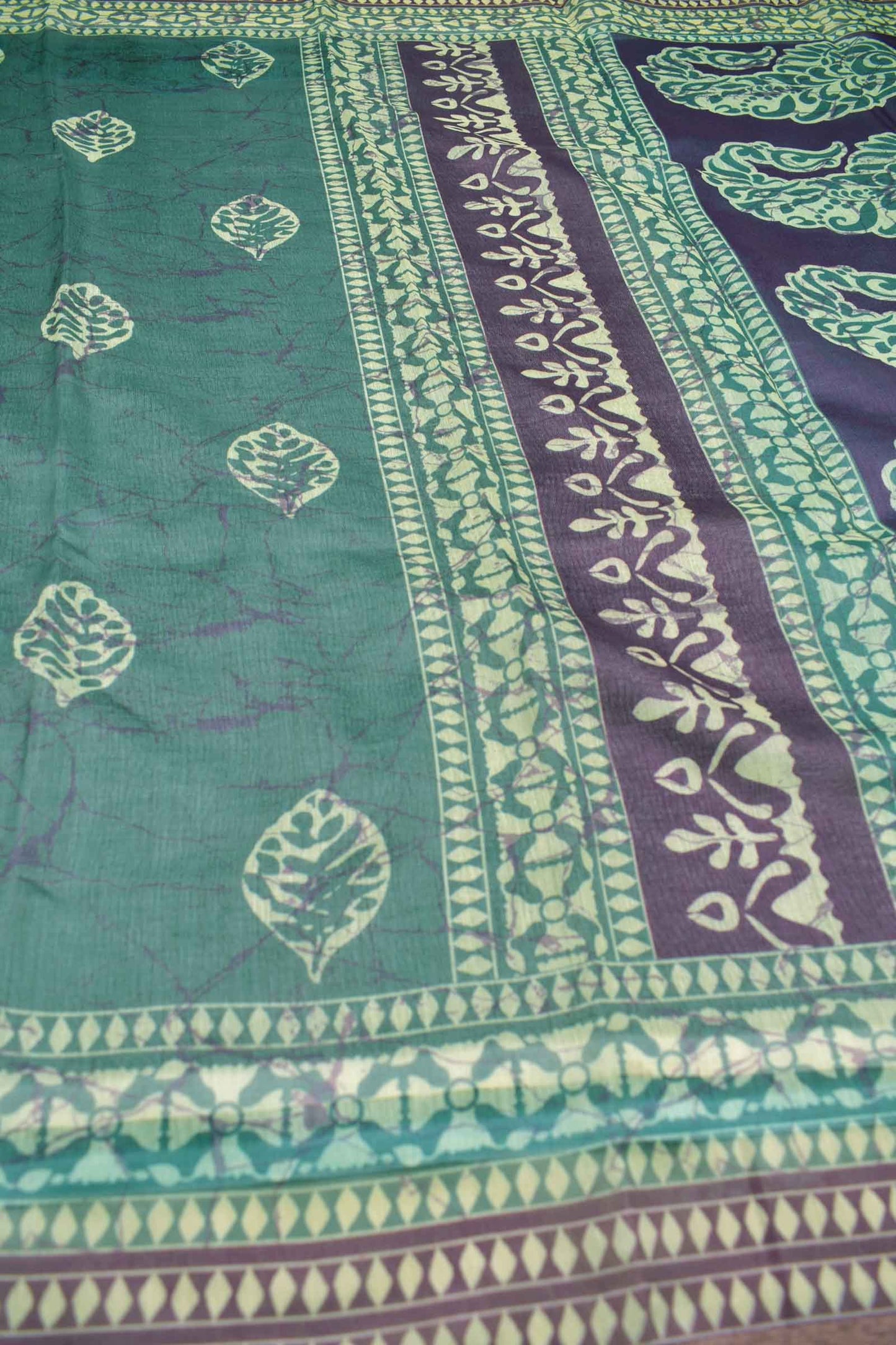 Light Green Semi Chanderi Cotton Fall Leaves Digital Print Saree