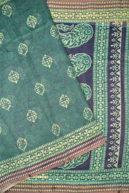Light Green Semi Chanderi Cotton Fall Leaves Digital Print Saree