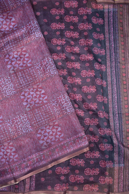 Light Violet Semi Chanderi Cotton Abstract Frames Digital Print Saree