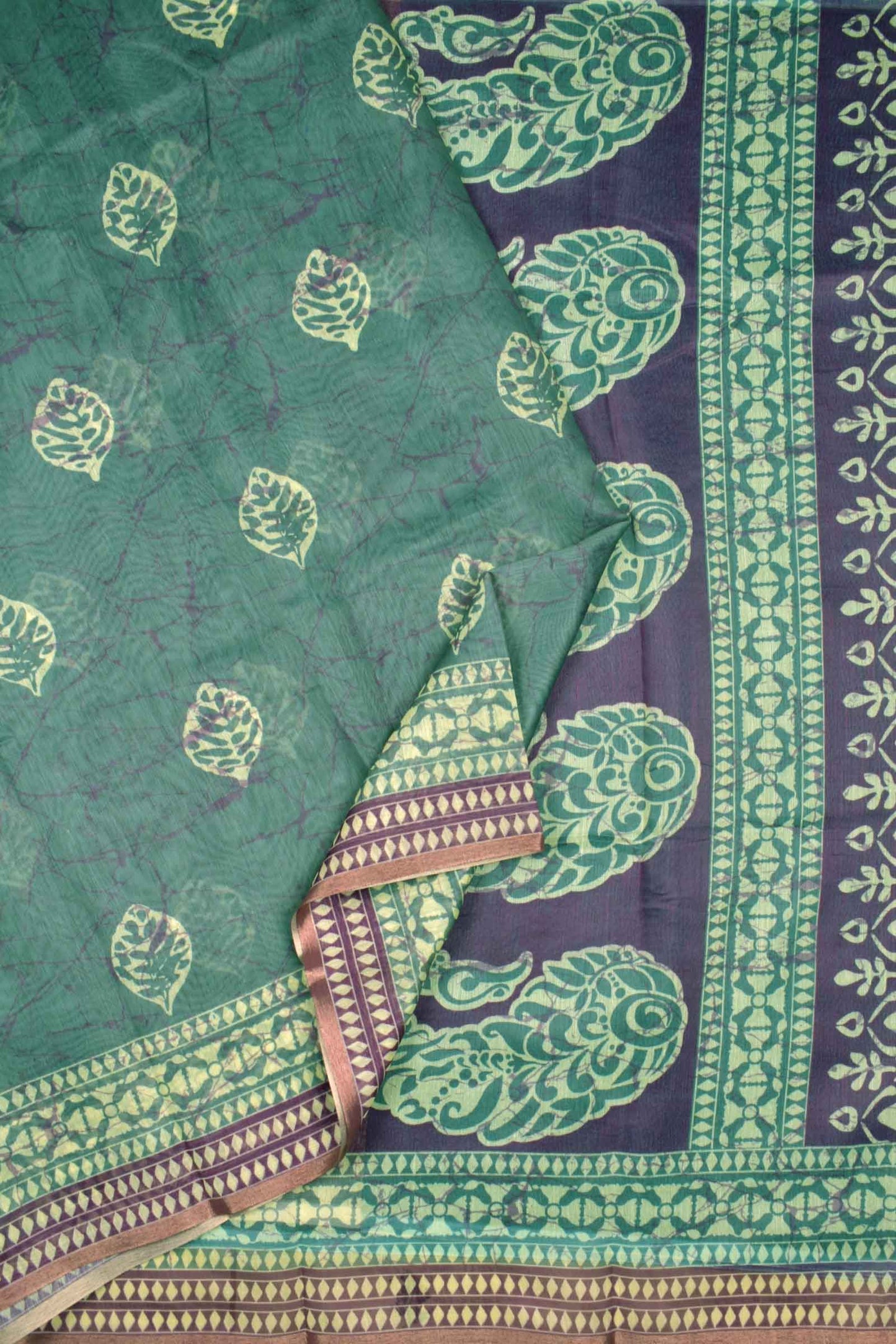 Light Green Semi Chanderi Cotton Fall Leaves Digital Print Saree
