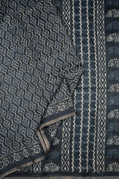 Black Semi Chanderi Cotton Floral Bulbs Print Saree NAA113