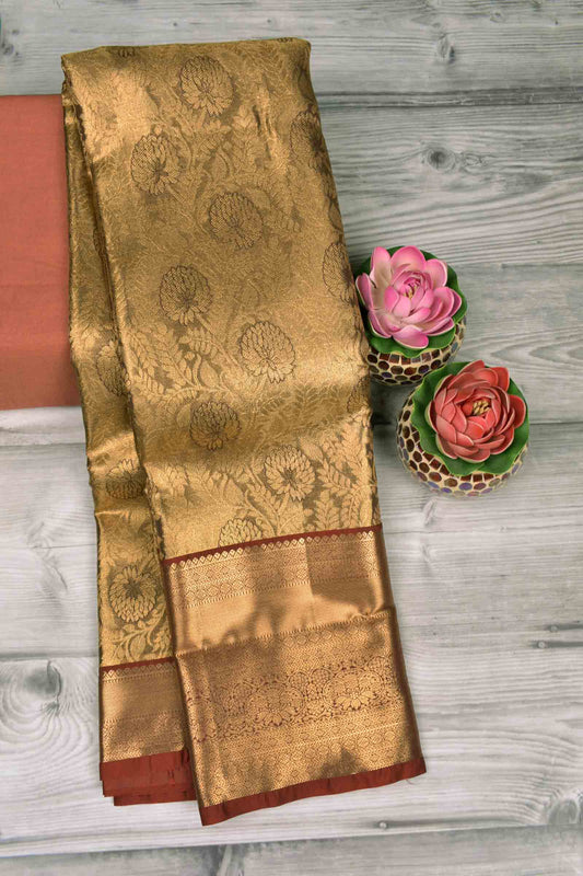 Golden Green Semi Silk Self Zari Florals Zari Border Pallu Saree