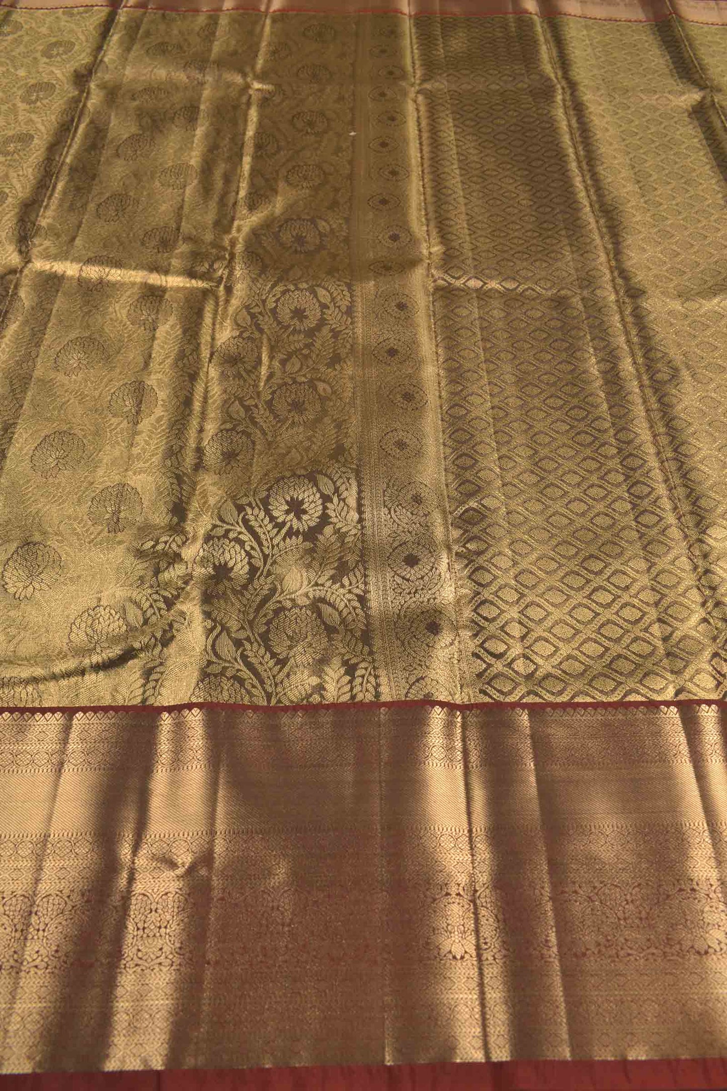 Golden Green Semi Silk Self Zari Florals Zari Border Pallu Saree