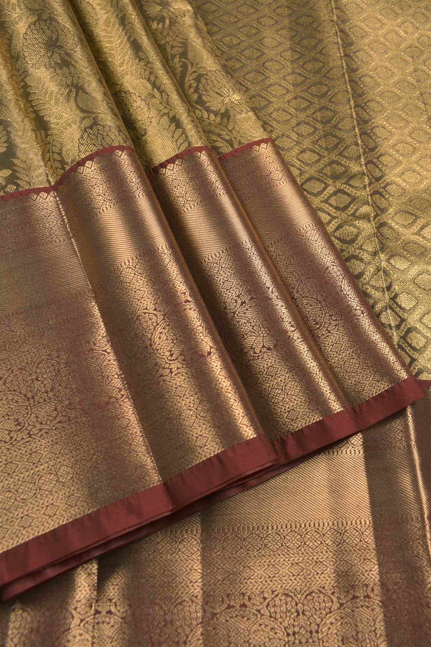 Golden Green Semi Silk Self Zari Florals Zari Border Pallu Saree