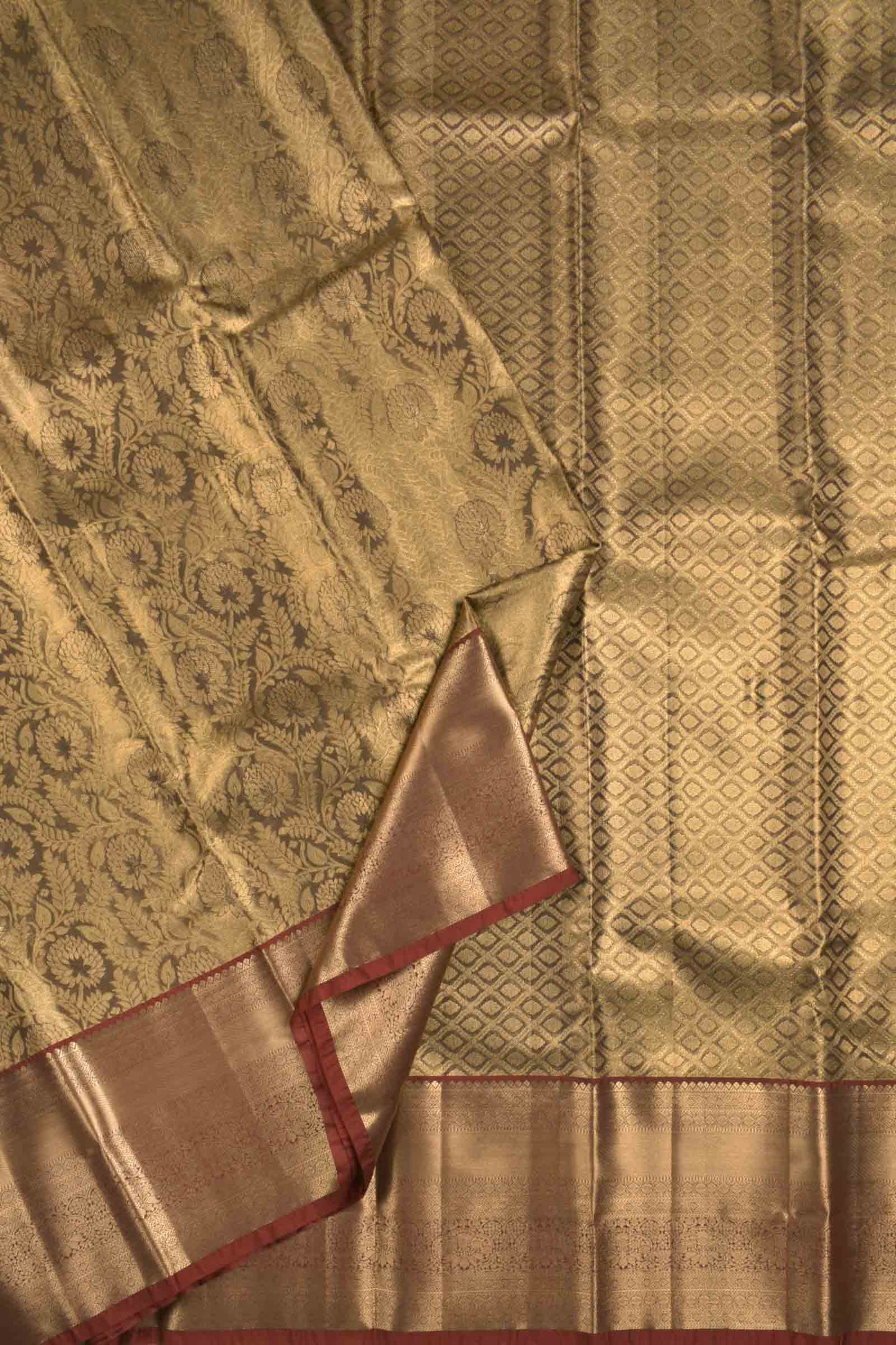 Golden Green Semi Silk Self Zari Florals Zari Border Pallu Saree