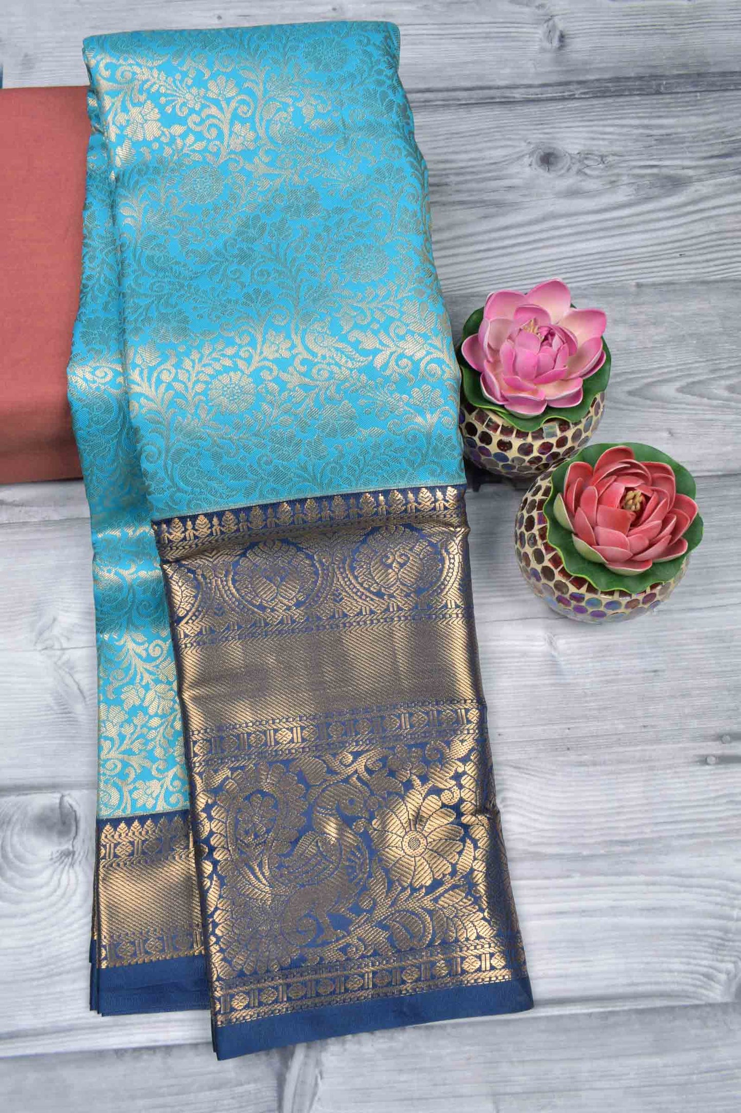 Deep Sky Blue Semi Silk All Over Golden Royal Zari Border Pallu Saree