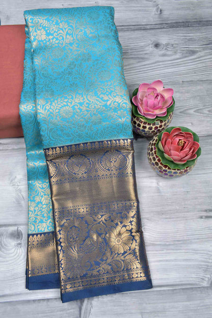 Deep Sky Blue Semi Silk All Over Golden Royal Zari Border Pallu Saree