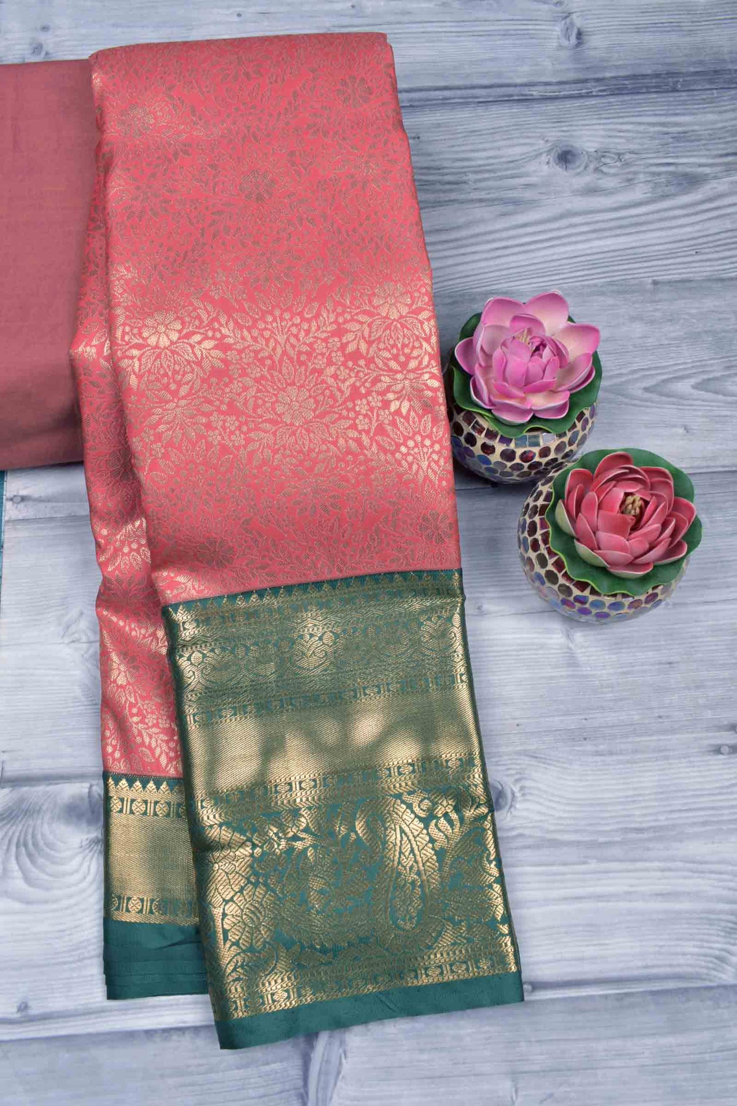 Pink Semi Silk Golden All Over Golden Green Zari Border Pallu Saree