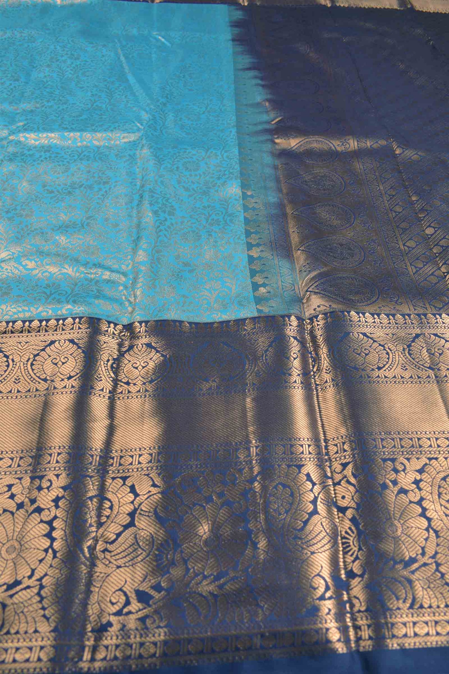 Deep Sky Blue Semi Silk All Over Golden Royal Zari Border Pallu Saree