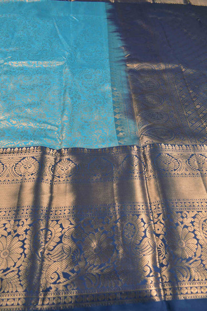 Deep Sky Blue Semi Silk All Over Golden Royal Zari Border Pallu Saree