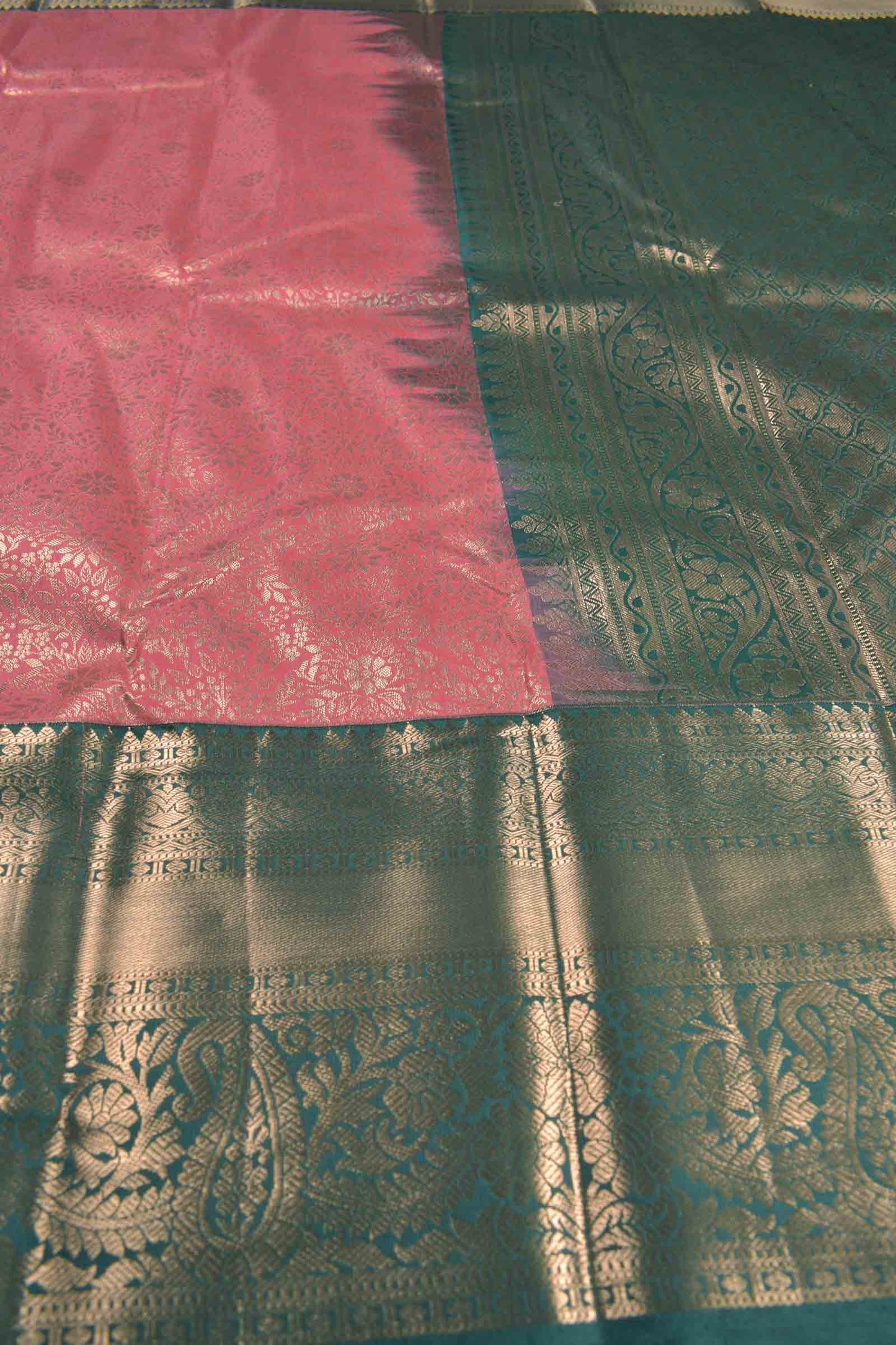 Pink Semi Silk Golden All Over Golden Green Zari Border Pallu Saree