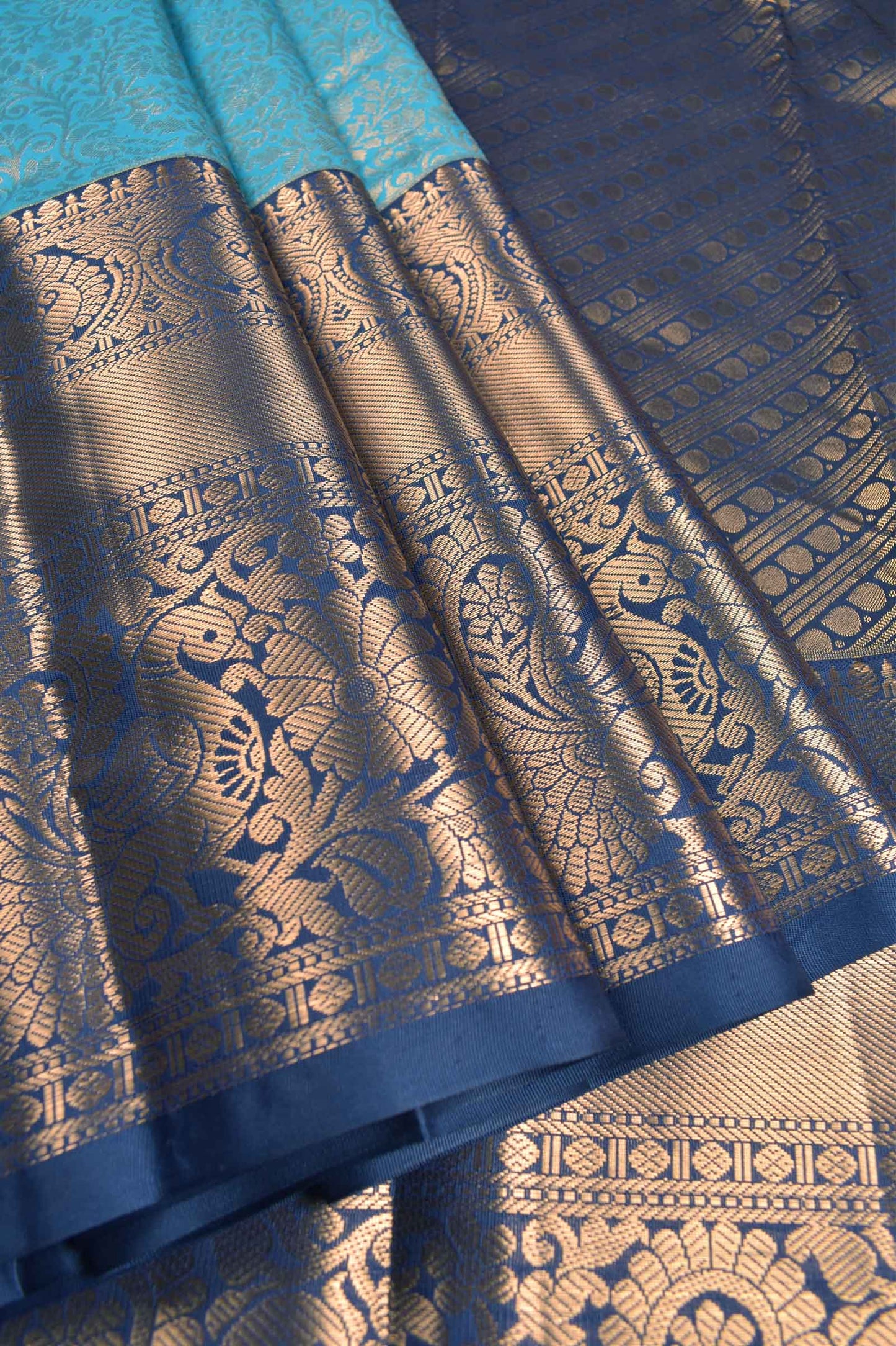 Deep Sky Blue Semi Silk All Over Golden Royal Zari Border Pallu Saree