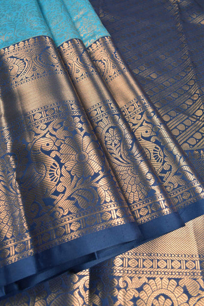 Deep Sky Blue Semi Silk All Over Golden Royal Zari Border Pallu Saree