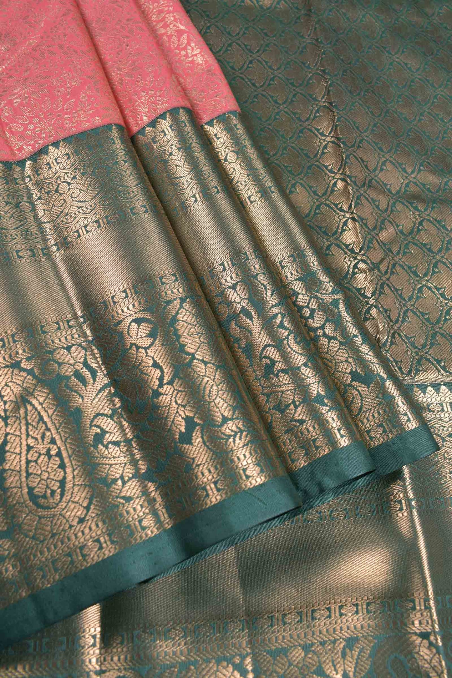 Pink Semi Silk Golden All Over Golden Green Zari Border Pallu Saree