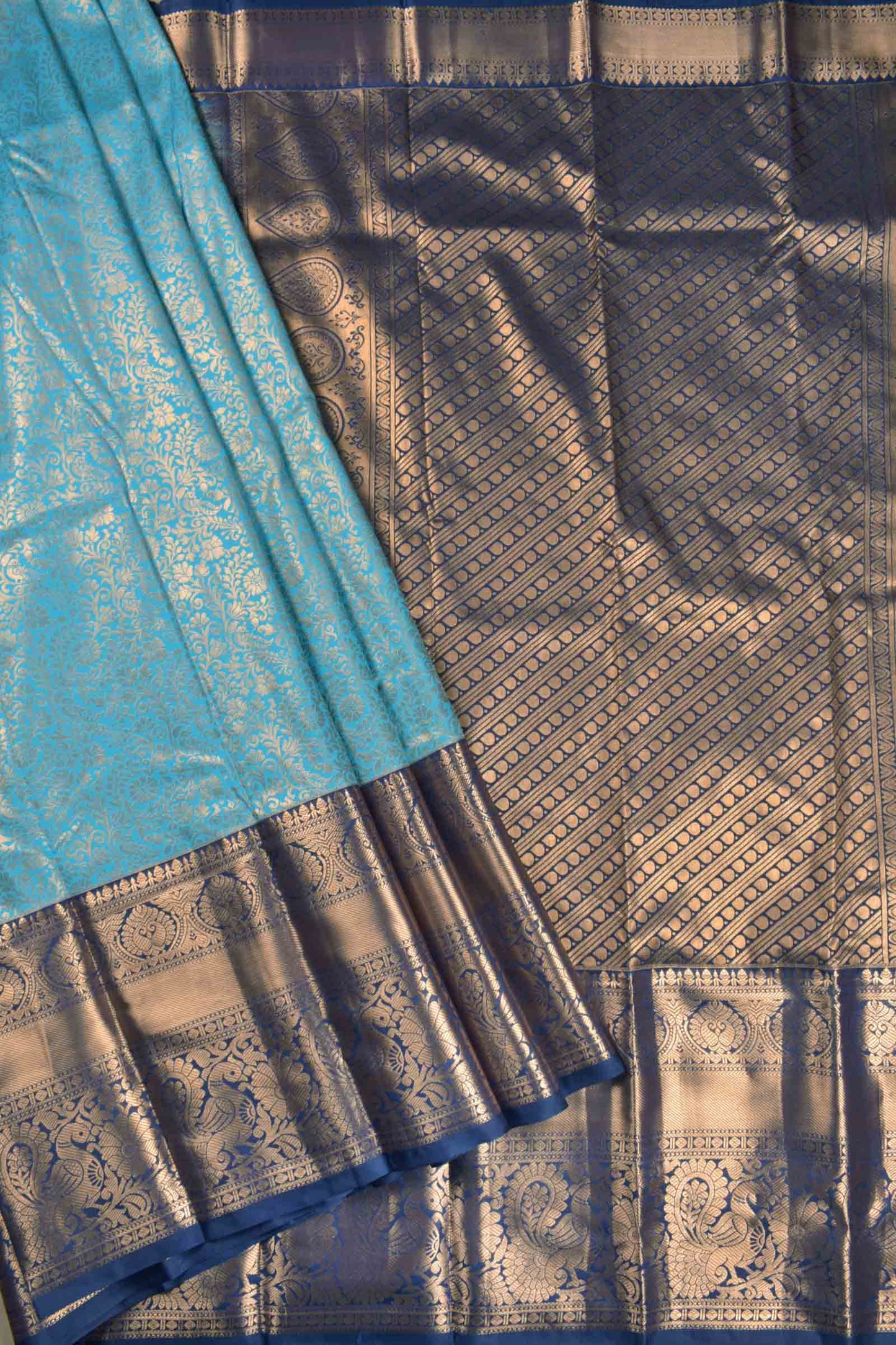 Deep Sky Blue Semi Silk All Over Golden Royal Zari Border Pallu Saree