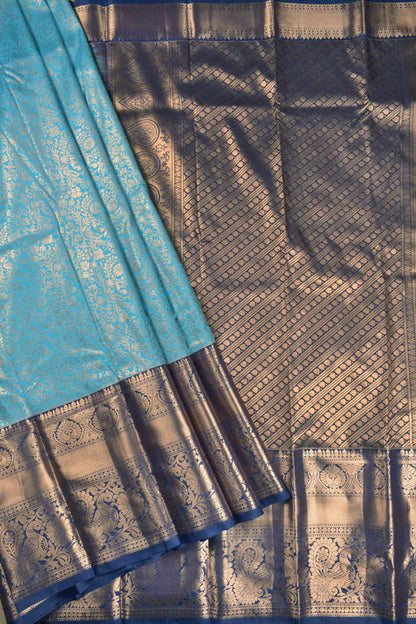 Deep Sky Blue Semi Silk All Over Golden Royal Zari Border Pallu Saree