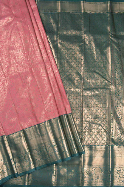 Pink Semi Silk Golden All Over Golden Green Zari Border Pallu Saree