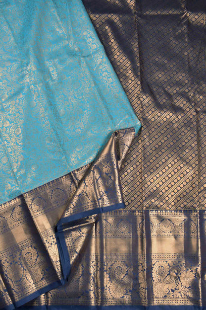 Deep Sky Blue Semi Silk All Over Golden Royal Zari Border Pallu Saree