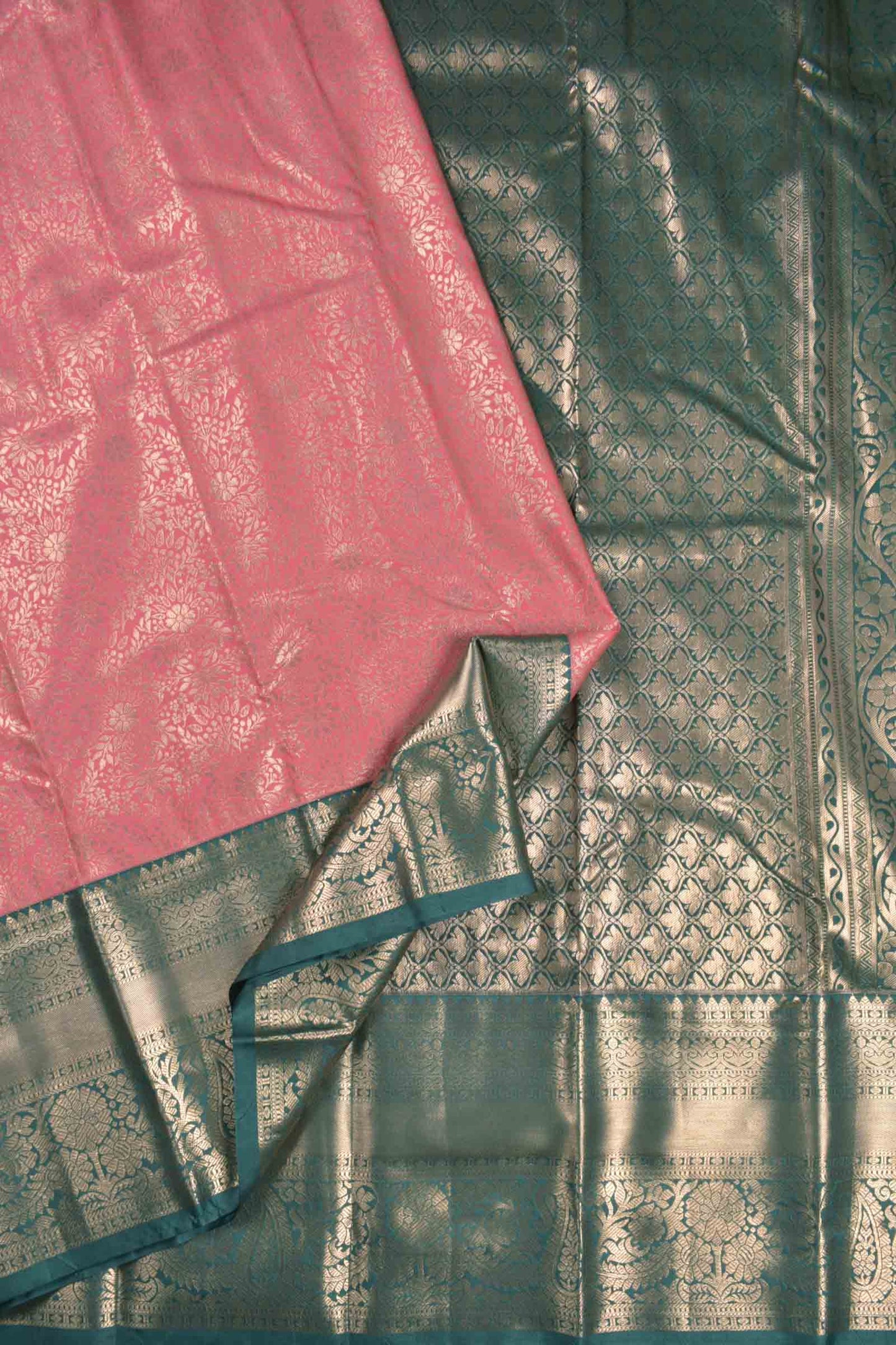 Pink Semi Silk Golden All Over Golden Green Zari Border Pallu Saree