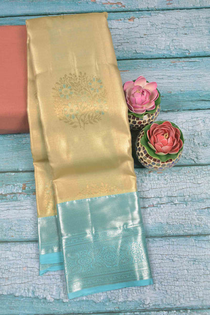 Golden Sandal Semi Silk Floral Wreath Butta Sky Blue Zari Border Pallu Saree