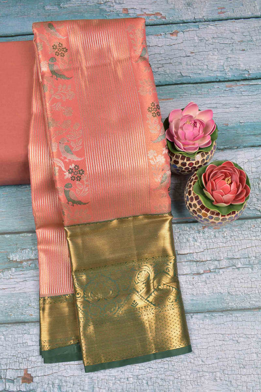 Golden Pink Semi Silk Fancy Pillars of Wings Green Zari Border Pallu Saree