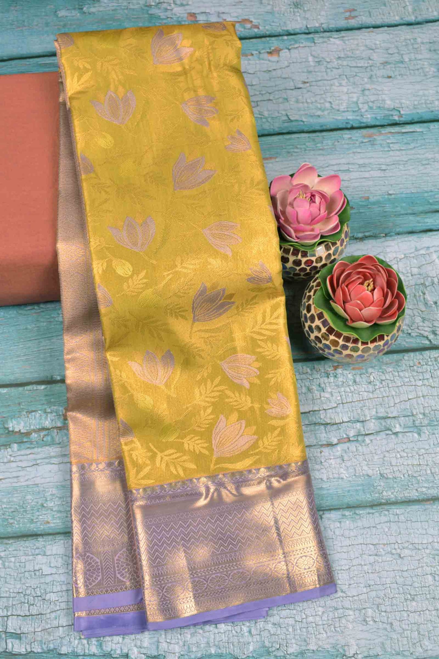 Golden Mustard Yellow Semi Silk Violet Lilies Violet Zari Border  Saree