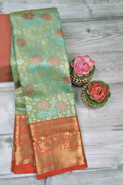 Golden Light Green Semi Silk Meena Florals Golden Red Zari Border Pallu Saree