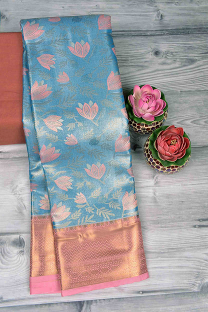 Golden Light Blue Semi Silk Fresh Lilies Golden Pink Zari Border Mango Pallu Saree