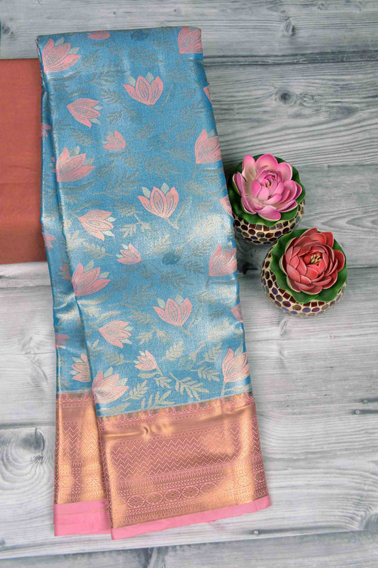 Golden Light Blue Semi Silk Fresh Lilies Golden Pink Zari Border Mango Pallu Saree