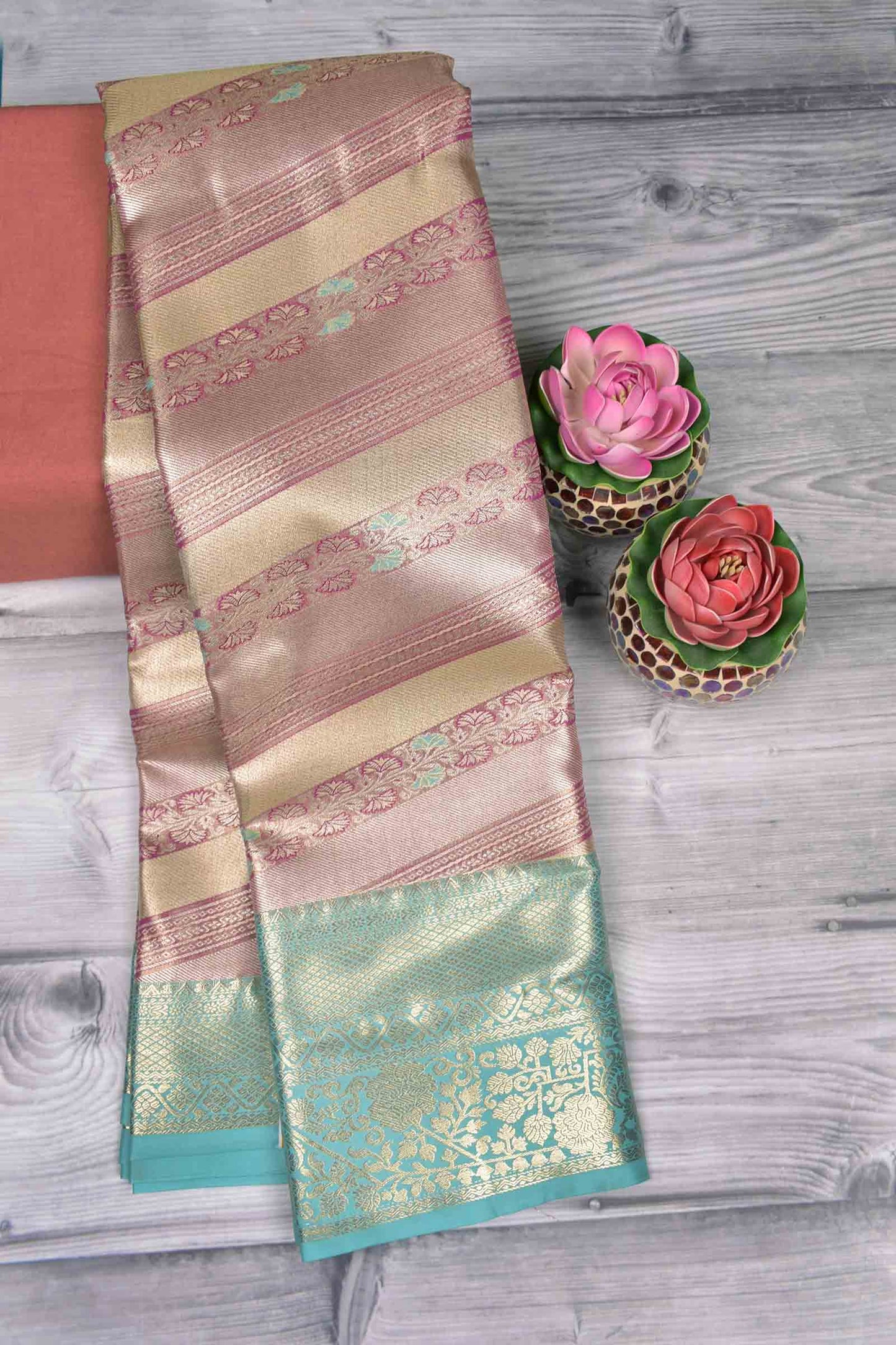 Golden Light Voilet With Sandal Semi Silk Cross Stripes Green Zari Border Pallu Saree