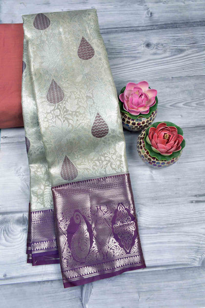 Silver Semi Silk Rain drop Butta Contrast Violet Zari Border Saree
