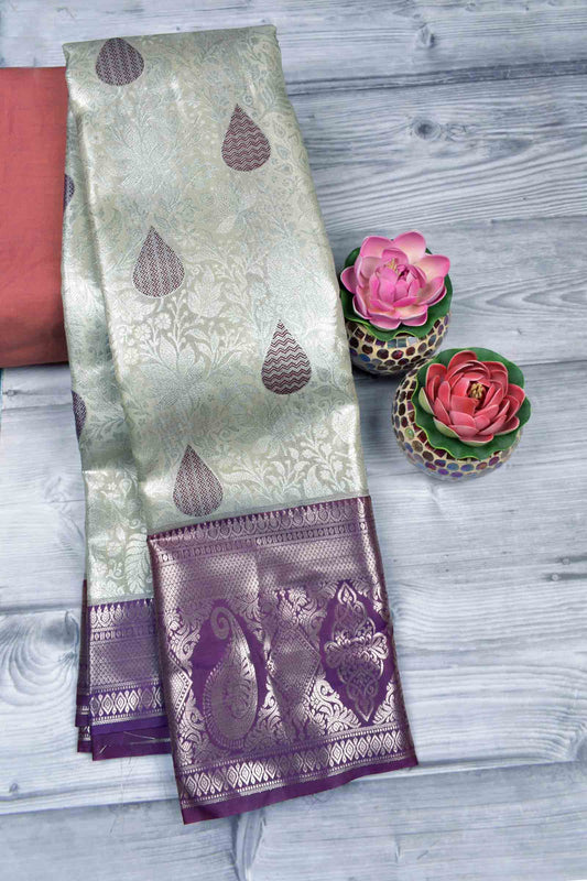Silver Semi Silk Rain drop Butta Contrast Violet Zari Border Saree