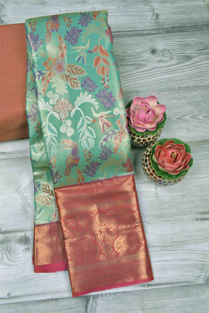 Aqua Blue Semi Silk Rainbow Grove Golden Pink Zari Border Saree