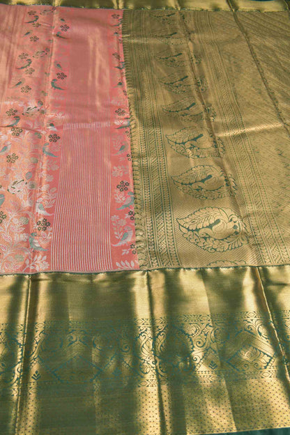 Golden Pink Semi Silk Fancy Pillars of Wings Green Zari Border Pallu Saree