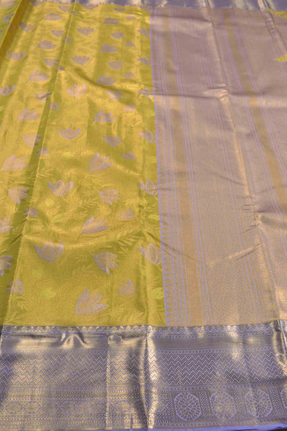 Golden Mustard Yellow Semi Silk Violet Lilies Violet Zari Border  Saree