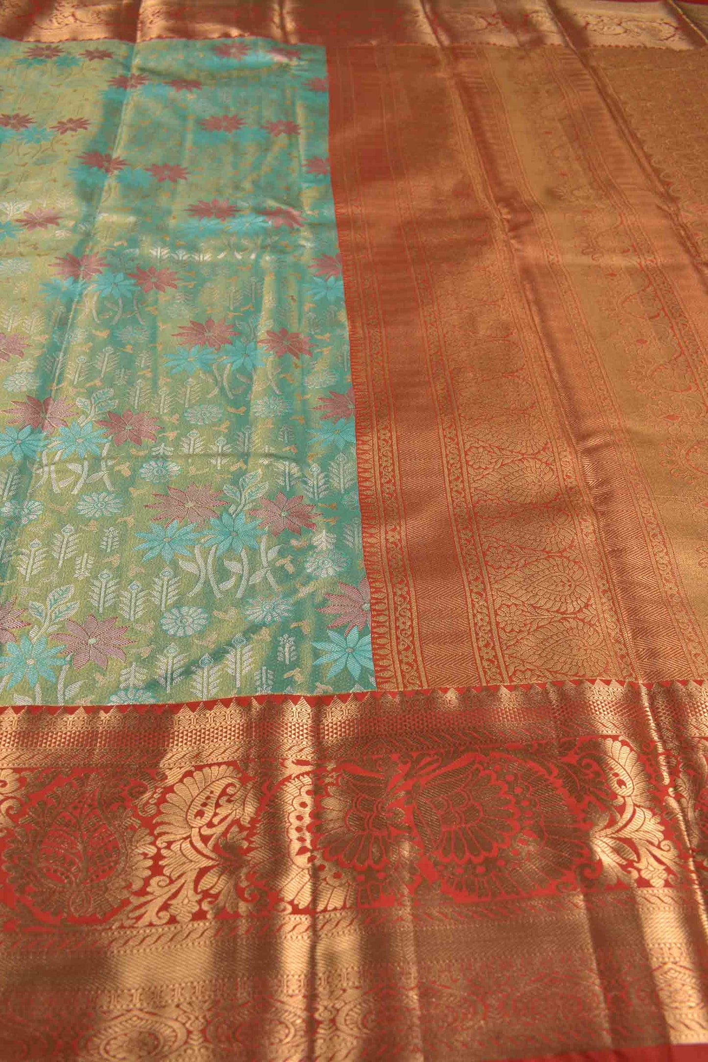 Golden Light Green Semi Silk Meena Florals Golden Red Zari Border Pallu Saree