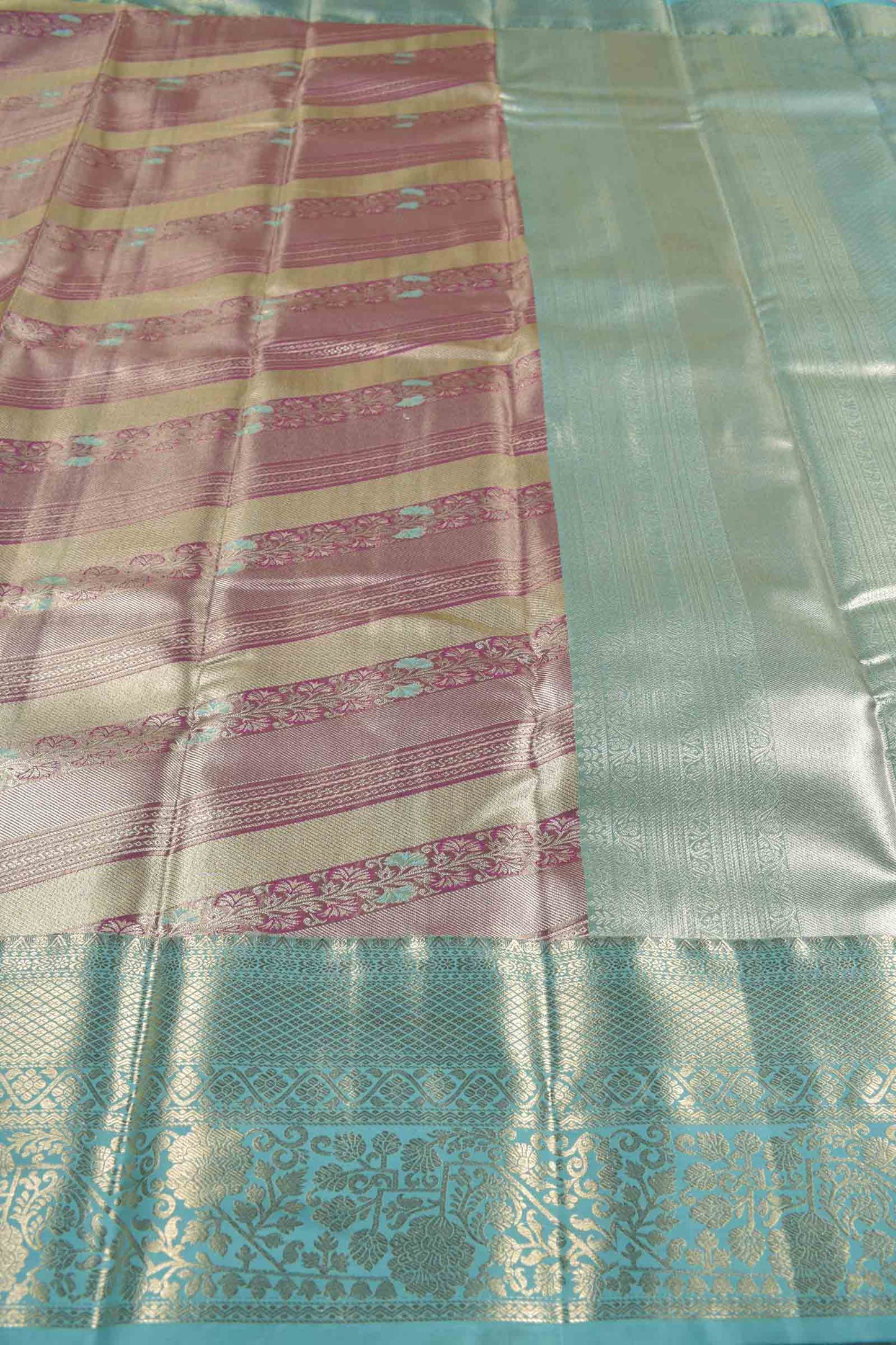 Golden Light Voilet With Sandal Semi Silk Cross Stripes Green Zari Border Pallu Saree