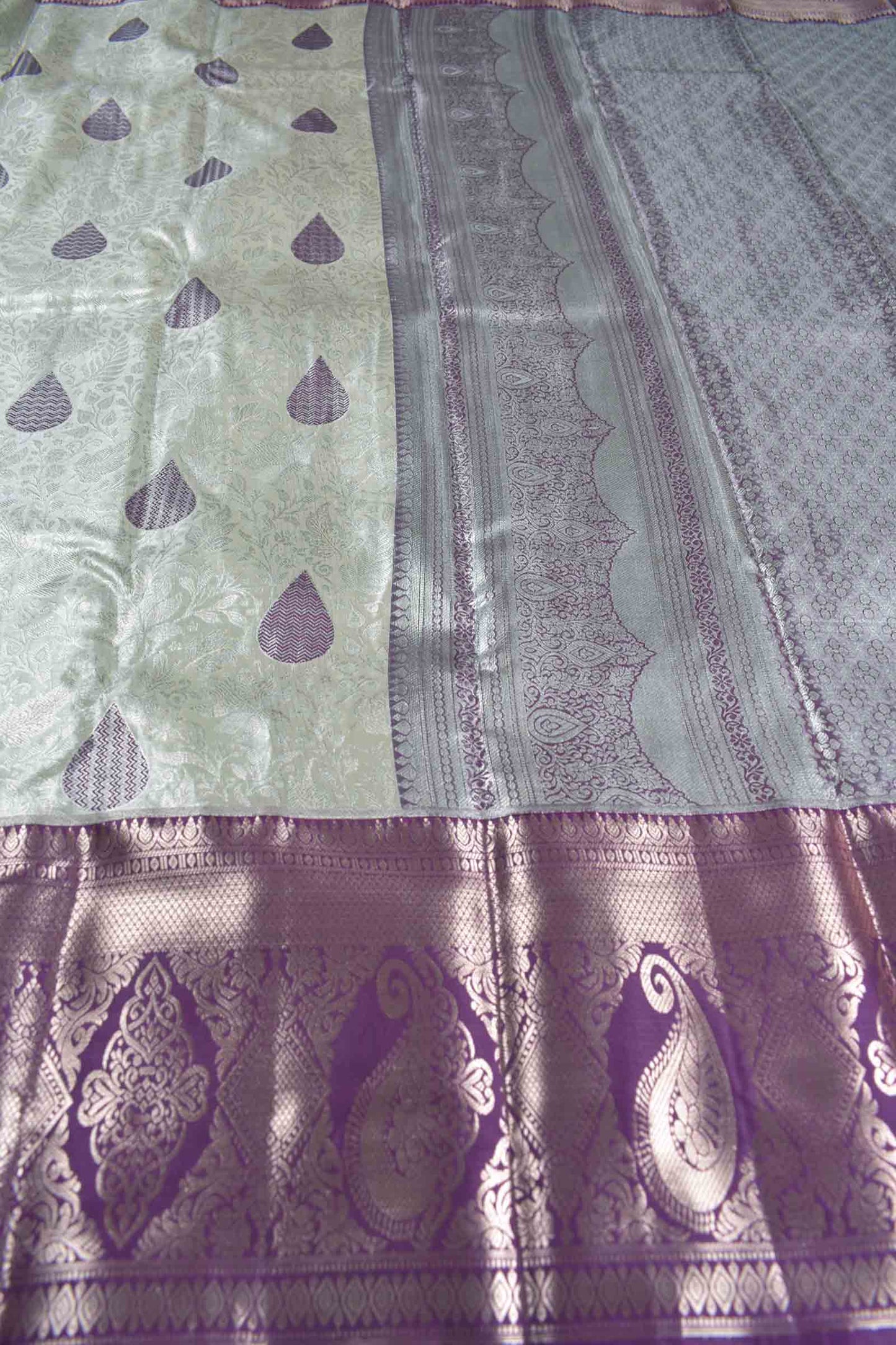 Silver Semi Silk Rain drop Butta Contrast Violet Zari Border Saree