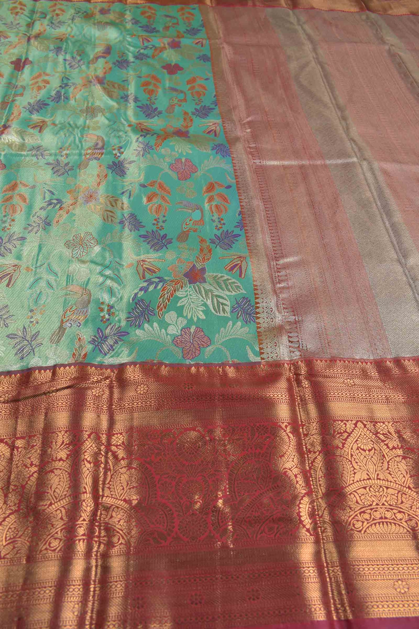 Aqua Blue Semi Silk Rainbow Grove Golden Pink Zari Border Saree