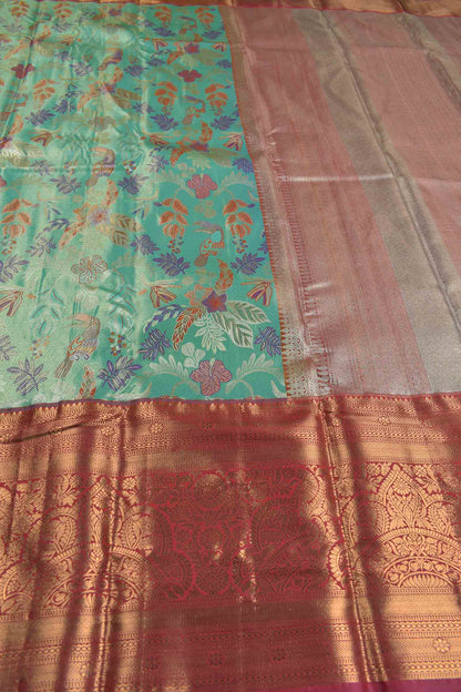 Aqua Blue Semi Silk Rainbow Grove Golden Pink Zari Border Saree