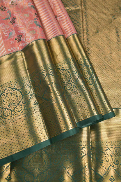 Golden Pink Semi Silk Fancy Pillars of Wings Green Zari Border Pallu Saree