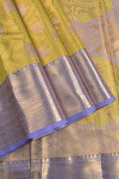 Golden Mustard Yellow Semi Silk Violet Lilies Violet Zari Border  Saree
