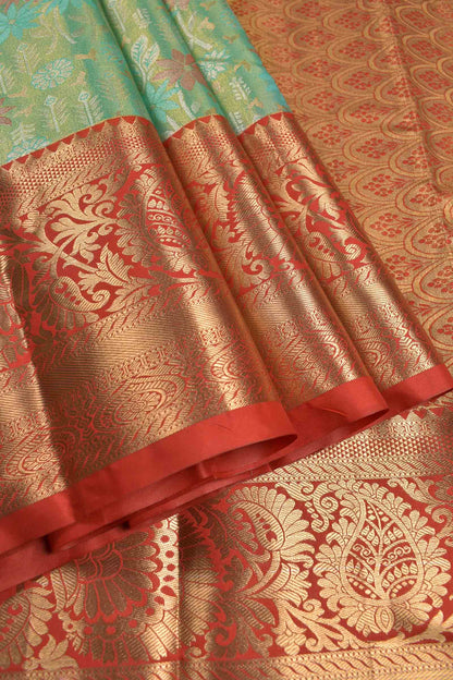 Golden Light Green Semi Silk Meena Florals Golden Red Zari Border Pallu Saree
