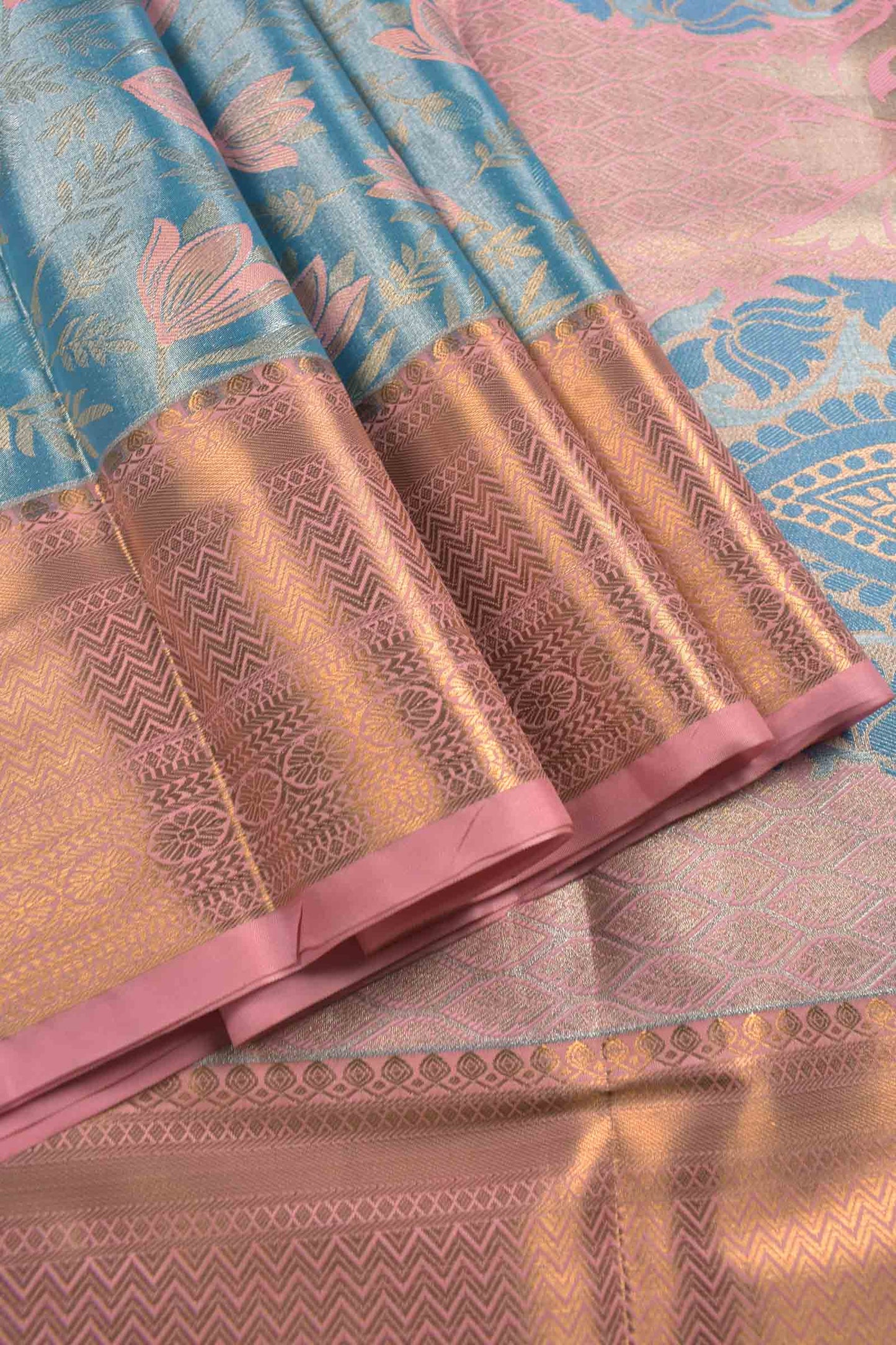 Golden Light Blue Semi Silk Fresh Lilies Golden Pink Zari Border Mango Pallu Saree