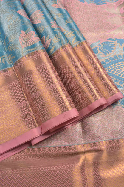 Golden Light Blue Semi Silk Fresh Lilies Golden Pink Zari Border Mango Pallu Saree
