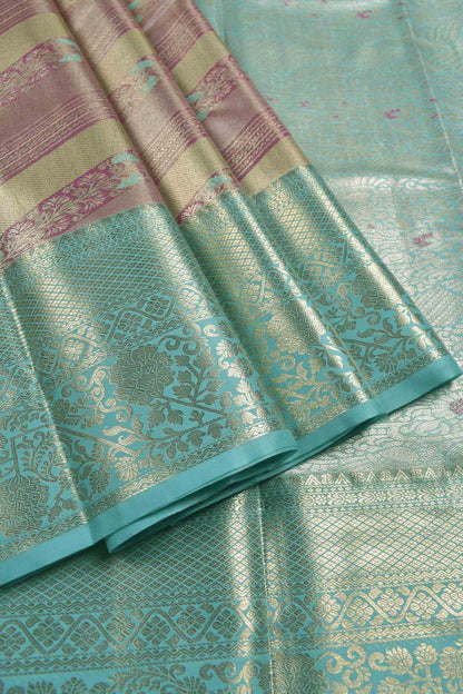 Golden Light Voilet With Sandal Semi Silk Cross Stripes Green Zari Border Pallu Saree