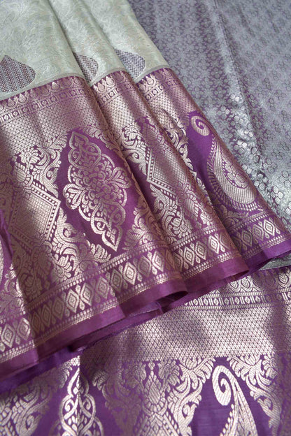 Silver Semi Silk Rain drop Butta Contrast Violet Zari Border Saree