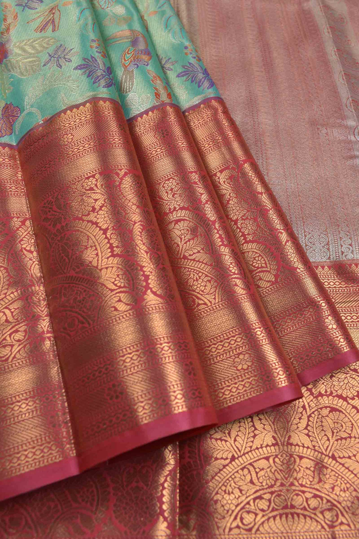 Aqua Blue Semi Silk Rainbow Grove Golden Pink Zari Border Saree